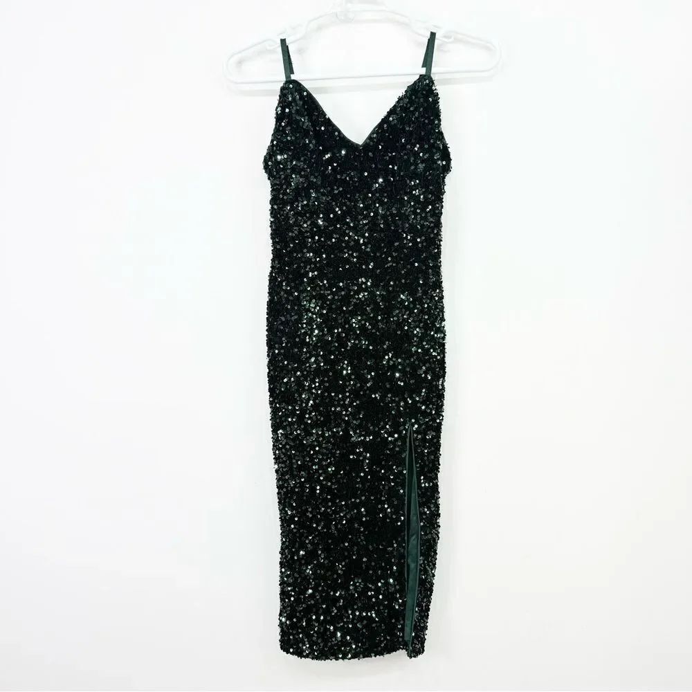 Cefian Green Sequin Holiday Party Midi Dress